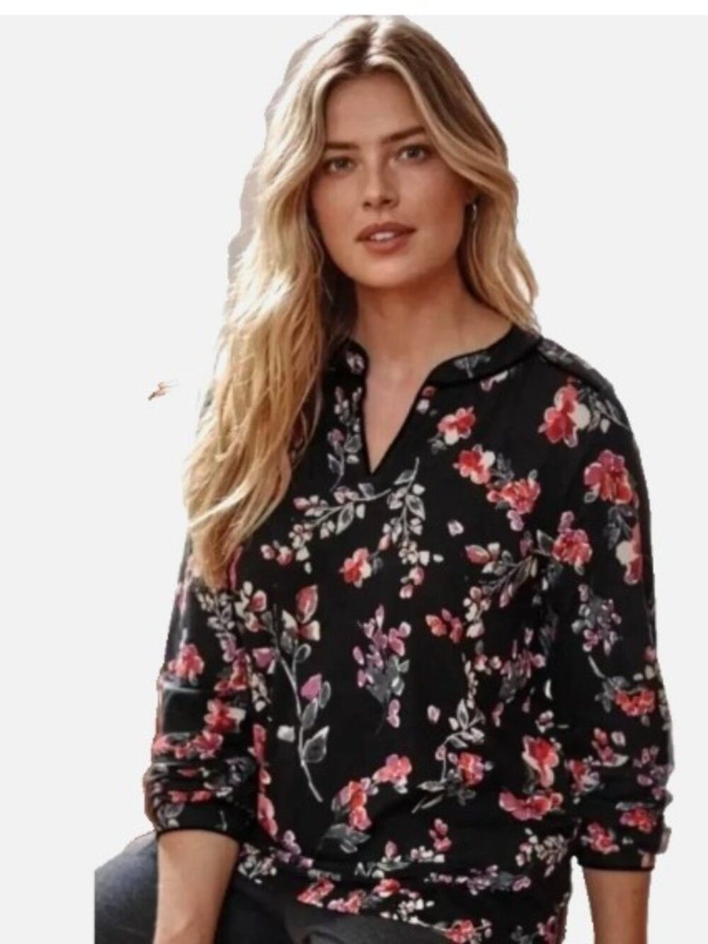 NWT J JILL Black Glistening Blooms Velvet Trim Cotton Blend Top Retails XL $69